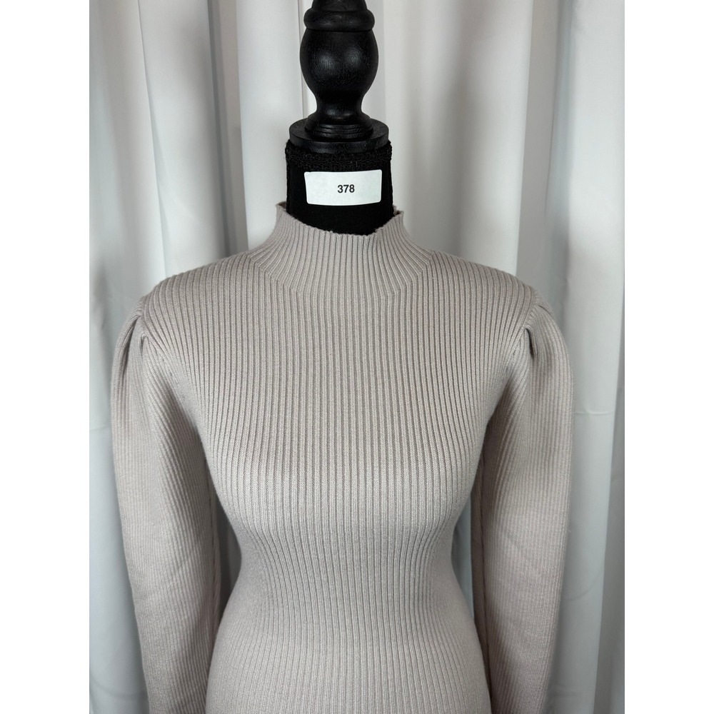 Taupe Ribbed Knit Mock Neck Puff Shoulder Bodycon Sweater Dress Small